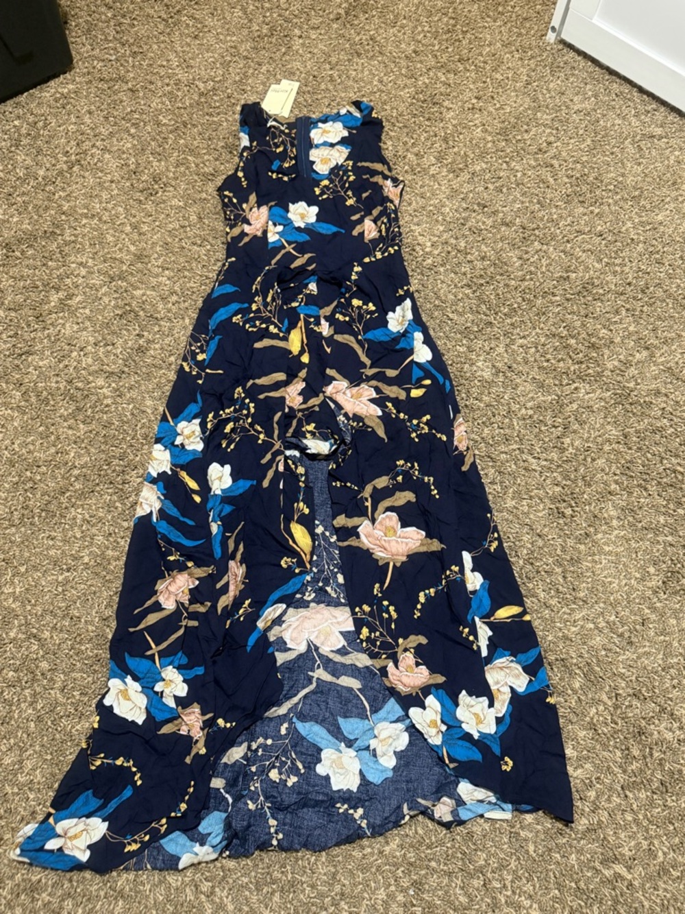 Navy Floral Maxi Jumpsuit with Blue, White and Pink Flowers